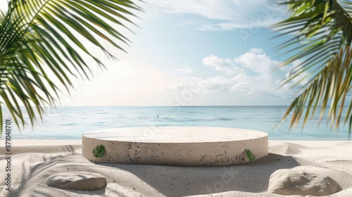stone Summer podium sand tropical background sea abstract podium beach product dais display presentation rock beauty racked nature palm sky pedestal vacation blue.