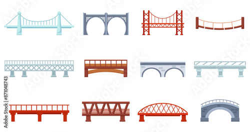 Cartoon bridges. Stone metal wooden bridge for urban and rural architecture. Railway tram span, urban industrial constructions nowaday vector set