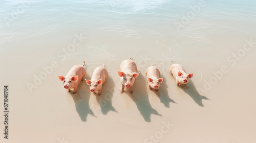 These images showcase pink pigs in various water settings. From a line-up on a sandy beach to floating on an inflatable ring in clear water, and a family scene in shallow water with reeds. 