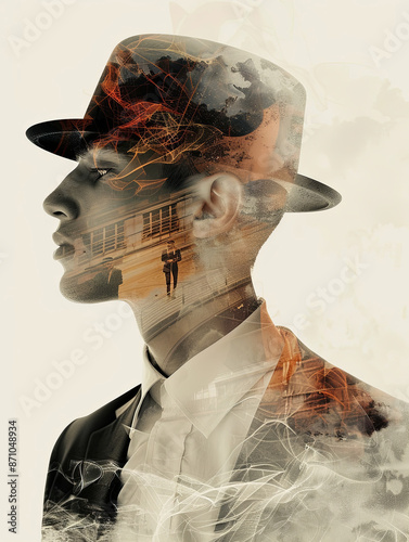 Roaring Twenties Double Exposure Symbolizing Decadence and Social Revolution with Copy Space for Text Overlay. Design Concept. - Roaring Twenties Double Exposure Symbolizing Decadence and Social Revol photo