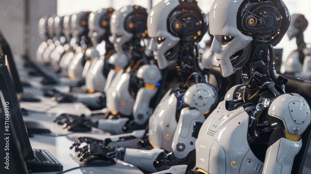Fototapeta premium A row of white and grey robotic figures sit at desks, operating computers with identical, blank faces. They are lined up in a seemingly endless row, highlighting the potential of AI automation