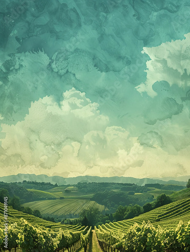 Picturesque vineyard landscape featuring rolling green hills,rows of grape vines,and a scenic,expansive vista with ample copy space on the right side for graphic elements or text overlay. - Picturesqu photo