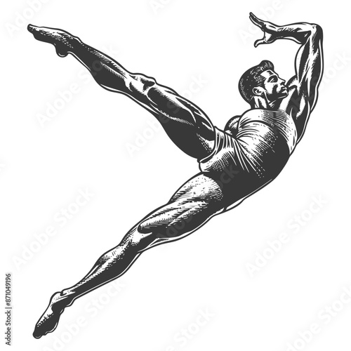gymnast athlete man in action with engraving style