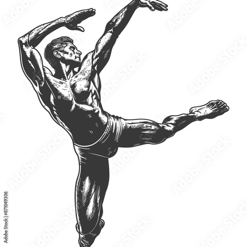 gymnast athlete man in action with engraving style