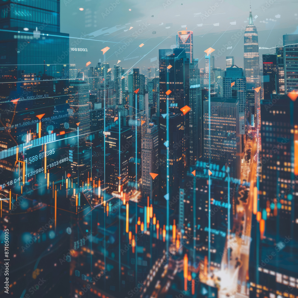 A concept of real estate development and investing, featuring financial chart indicators and stock market graphs superimposed on the tops of city skyscrapers viewed from below. A concept of real estate development and investing, featuring financial chart indicators and stock market graphs superimposed on the tops of city skyscrapers viewed from below.