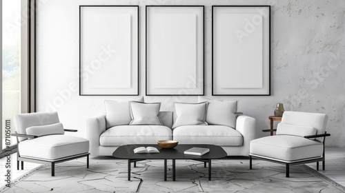 interior of a room with blank canvas, empty canvas with copy space, wall art, modern living room, minimalistic interior