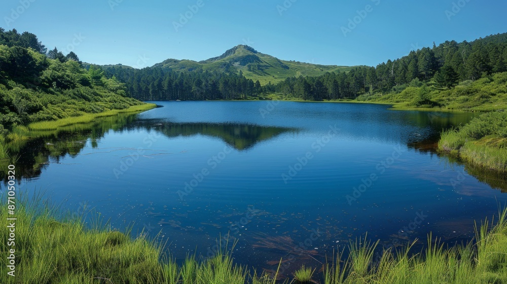 A Serene Mountain Lake Reflects a Lush Landscape on a Sunny Summer Day. Generative AI A Serene Mountain Lake Reflects a Lush Landscape on a Sunny Summer Day. Generative AI