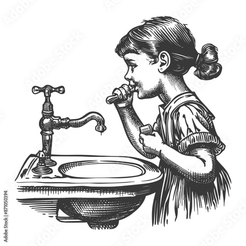 little girl brushing his teeth in front of the sink with engraving style