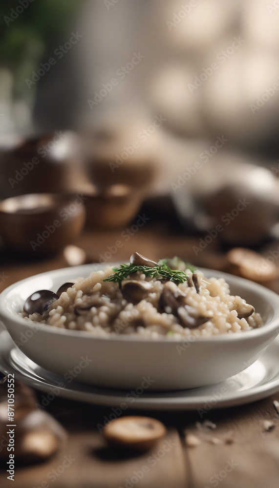 Delicious Mushroom Risotto on a Wooden Table Delicious Mushroom Risotto on a Wooden Table
