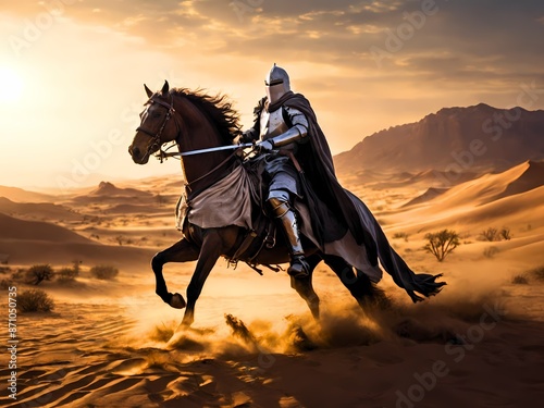  Gallant Knight Riding a Horse Through the Desert