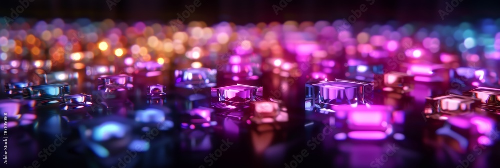 Isometric composition of interconnected digital blocks with glowing connections, featuring scattered application icons in a neon-lit, dark environment Isometric composition of interconnected digital blocks with glowing connections, featuring scattered application icons in a neon-lit, dark environment