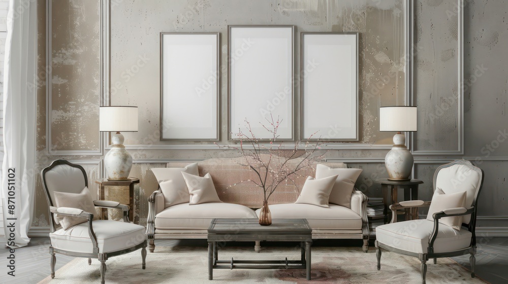 Fototapeta premium interior of a modern living room with blank canvas, empty canvas with copy space, wall art, minimalistic interior