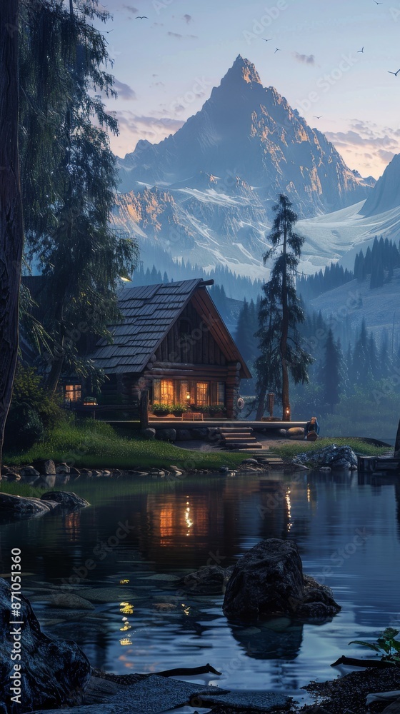 Fototapeta premium Cozy cabin in the mountains by a reflective lake at dusk