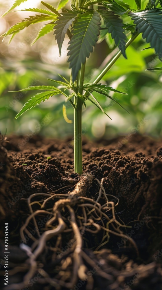Cannabis plant close up with roots in soil, sunlight