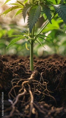 Obraz na płótnie Cannabis plant close up with roots in soil, sunlight w salonie