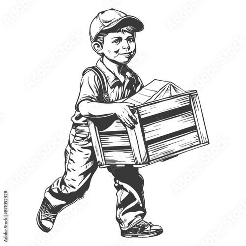 little boy carry goods in loader box with engraving style