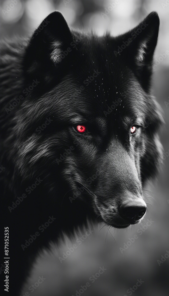 Mesmerizing black and white portrait of a black wolf with piercing red eyes on dark background Showc