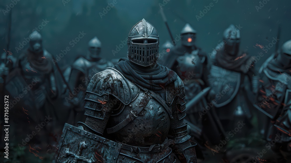 Enchanted kingdoms employ reanimated zombie knights to guard their borders, blending the dark magic of necromancy with advanced protective enchantments, with copy space Enchanted kingdoms employ reanimated zombie knights to guard their borders, blending the dark magic of necromancy with advanced protective enchantments, with copy space