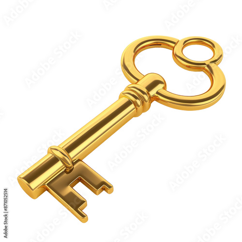 Golden key icon 3d render isolated on white, transparent background png