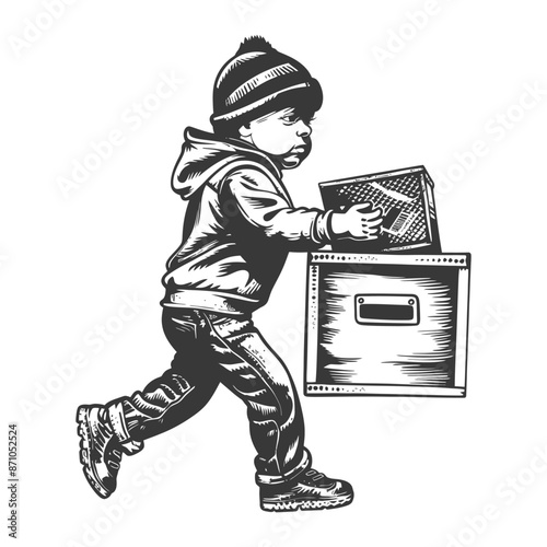 little boy carry goods in loader box with engraving style