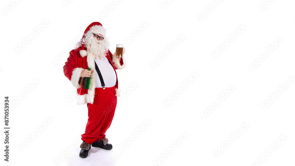 Vacations and holidays. Funny fat Santa Claus drinking beer and posing on a white background. Vacations and holidays. Funny fat Santa Claus drinking beer and posing on a white background.