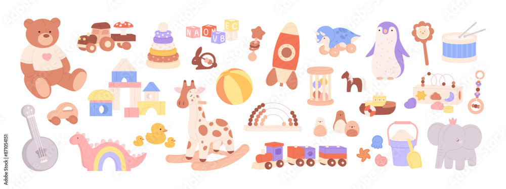Children toy. Wooden plastic and plush toys. Bear elephant ball giraffe, wood cubes and train. Cartoon kindergarten toddlers elements racy vector set Children toy. Wooden plastic and plush toys. Bear elephant ball giraffe, wood cubes and train. Cartoon kindergarten toddlers elements racy vector set