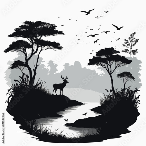 Silhouette of a giraffe in a forest