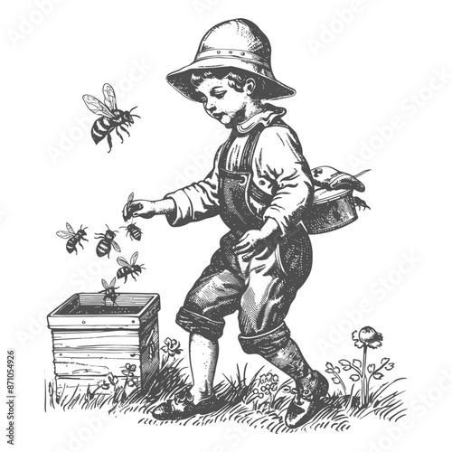 Vintage Boy Beekeeper Feeding Bees, Engraving Style Illustration.