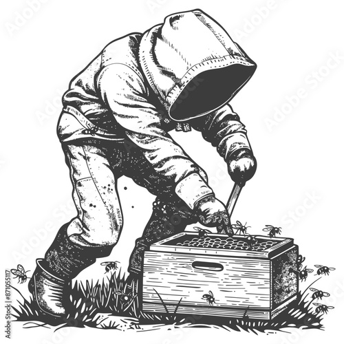 Engraved Beekeeper: Hooded Figure Inspecting Beehive, Swarming Insects.