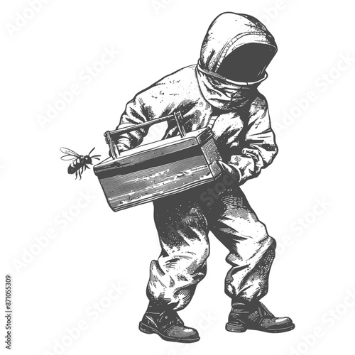 Sketch of Beekeeper Boy with Toolbox and Angry Bee.
