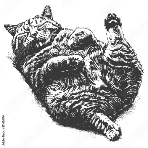 Etched Tabby: Contented Cat Belly Up, Whiskered Smile, Vintage Style.