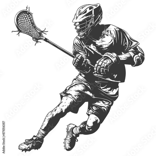 Engraved Lacrosse Player: Action Stance, Equipment Detail, Vintage Sport Illustration