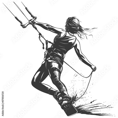 Kite Surfer Girl: Graphic Ink Illustration, Water Sport Action.