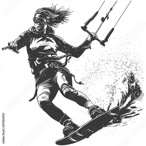 Kitesurfer Vector: Woman in Goggles Splashing Water, Extreme Sport Illustration