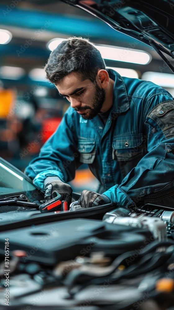man working on a car engine in a garage man working on a car engine in a garage
