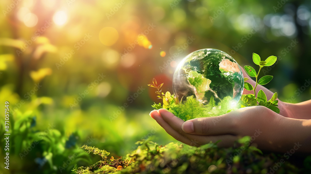 Environmental protection concept. Globally sustainable with energy from renewable natural resources. The hand holding the world and trees in its palms. Environmental protection concept. Globally sustainable with energy from renewable natural resources. The hand holding the world and trees in its palms.