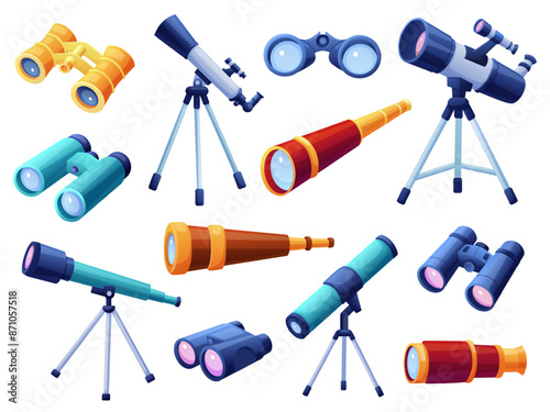 Cartoon binoculars and telescopes. Isolated devices for looking and searching. Astronomy scientist optical device, detective binocular, nowaday vector set