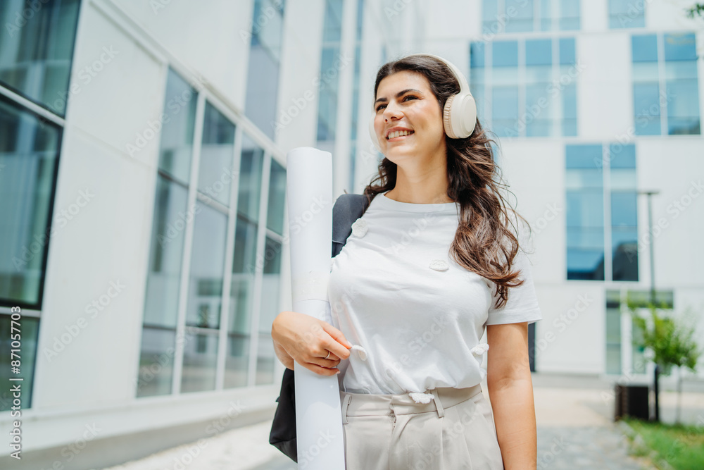 One young caucasian woman student going to university while listening to music on wireless headphones and holding papers and coffee One young caucasian woman student going to university while listening to music on wireless headphones and holding papers and coffee