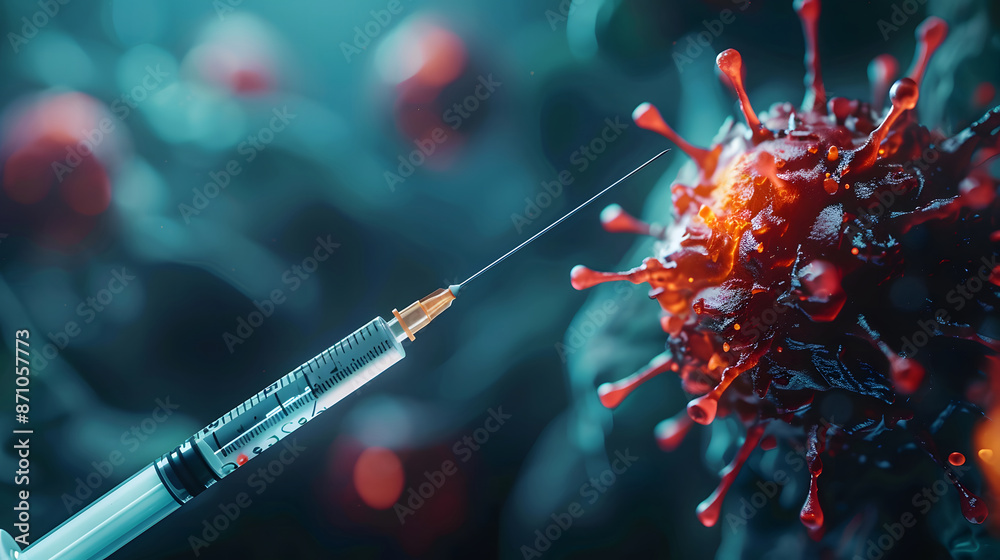 Detailed macro photography of a needle targeting a cancer cell, emphasizing the importance of medical research on viruses and vaccine design Detailed macro photography of a needle targeting a cancer cell, emphasizing the importance of medical research on viruses and vaccine design