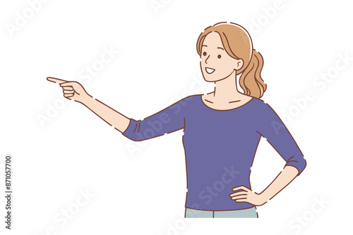  Young woman pointing to the side with his hands finger flat vector illustration on white backgrounde photo