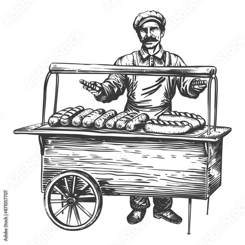 hotdog street vendor with engraving style