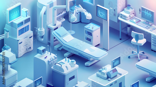 Detailed isometric view of advanced medical equipment in a high-tech clinic design