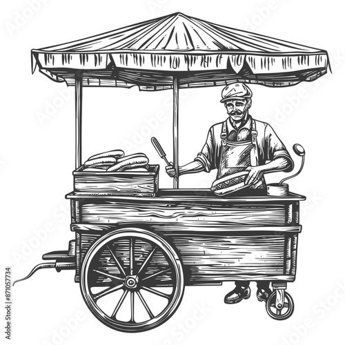 hotdog street vendor with engraving style