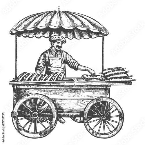 hotdog street vendor with engraving style