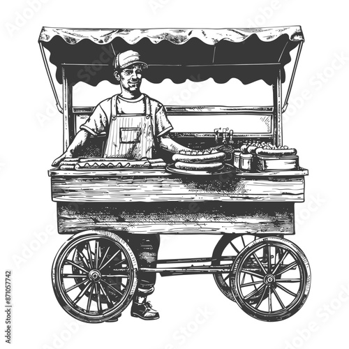 hotdog street vendor with engraving style