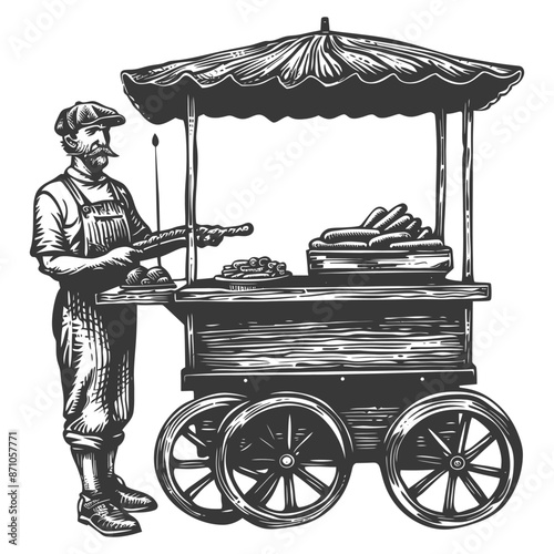 hotdog street vendor with engraving style