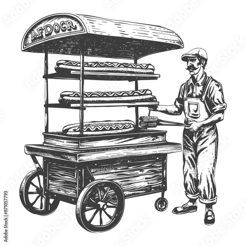 hotdog street vendor with engraving style