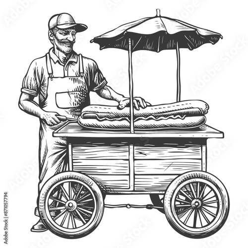 hotdog street vendor with engraving style