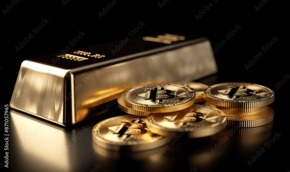 Symbolic Representation of Financial Prowess: Gold Bar and Bitcoin Coins Symbolic Representation of Financial Prowess: Gold Bar and Bitcoin Coins