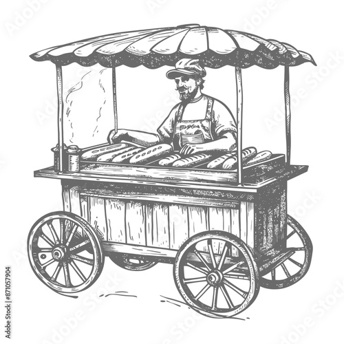 hotdog street vendor with engraving style